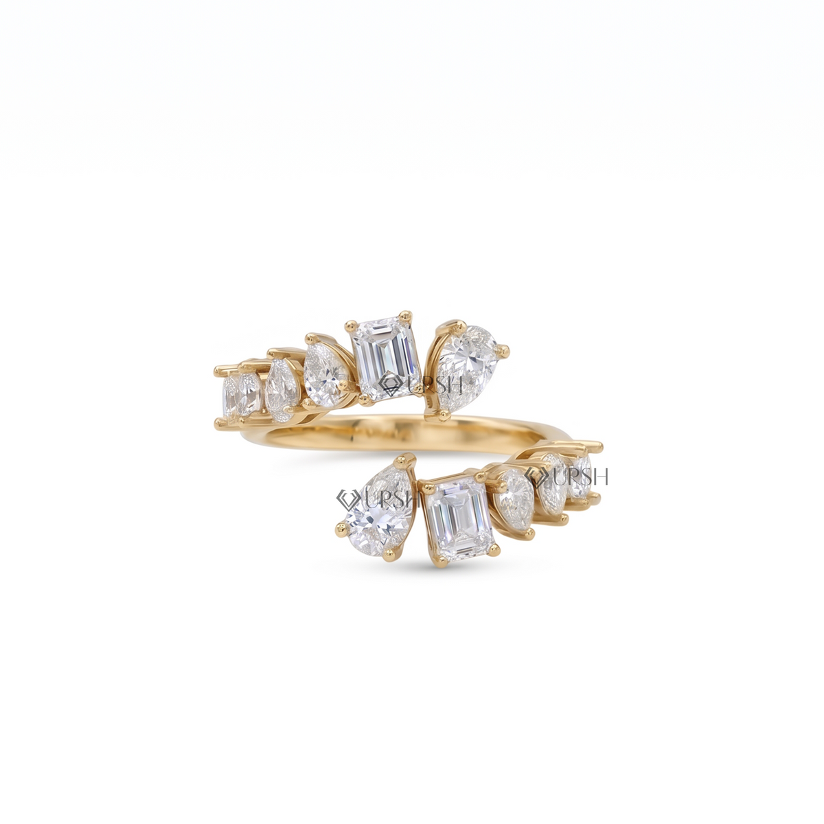 Solid yellow gold multi-shape diamond bypass wrap ring featuring mixed-cut lab-grown diamonds along wrap terminals