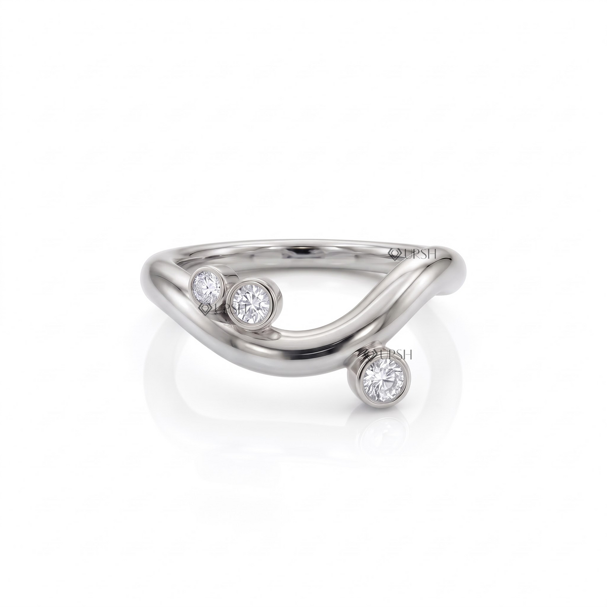 Solid white gold contoured curved stacking band with asymmetric scattered round diamond cluster on clean white background
