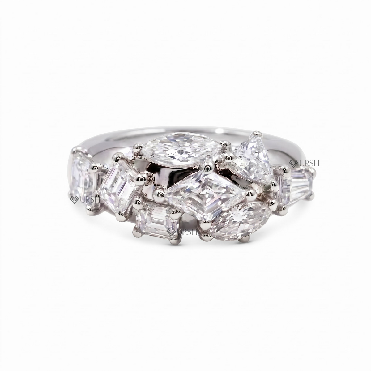 Solid white gold mixed cut lab diamond chunky cocktail ring showing multi-stone cluster face