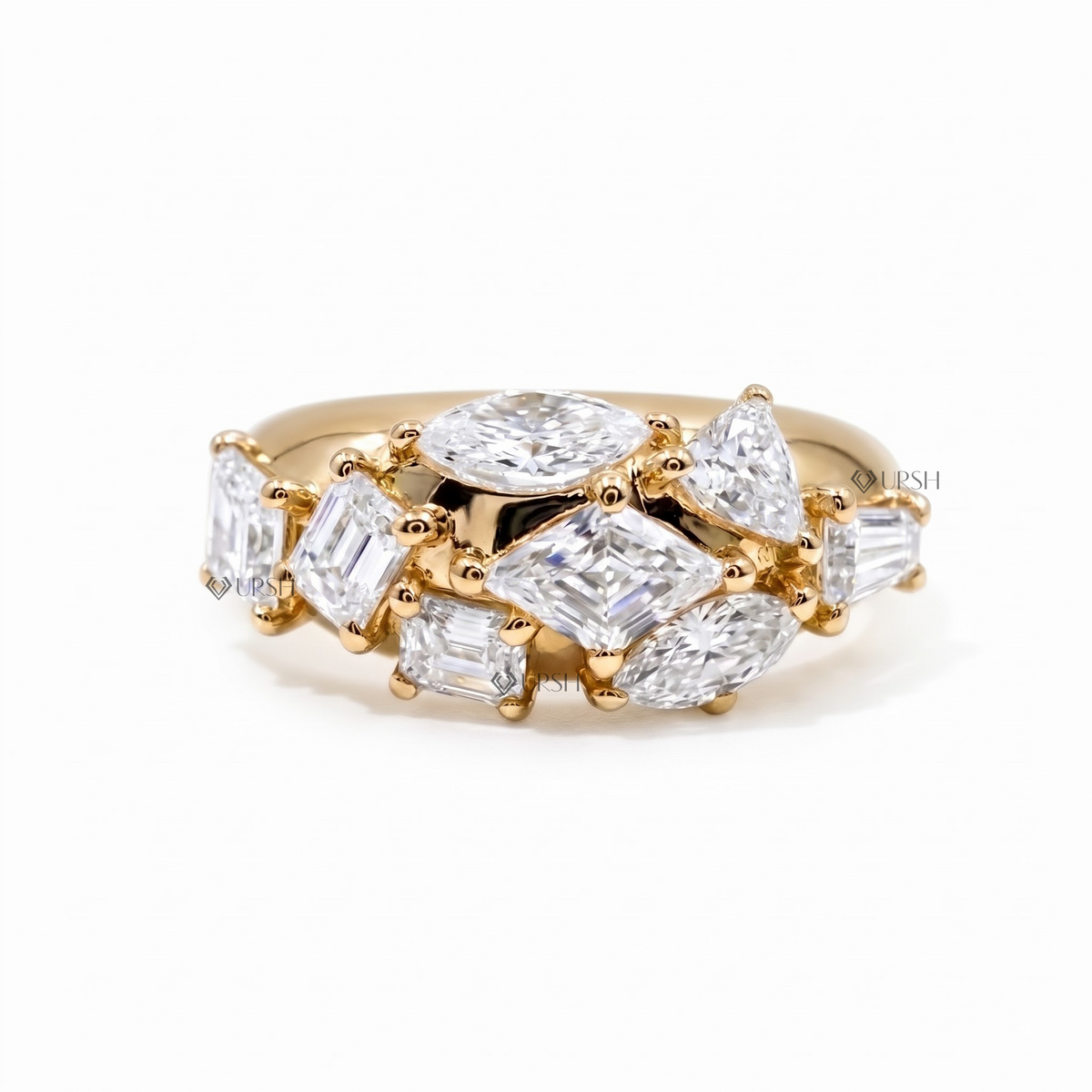 Solid yellow gold chunky dome ring featuring mosaic cluster of multi-shape lab grown diamonds