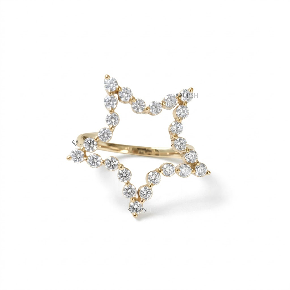 Solid yellow gold five-point open celestial star ring encrusted with round diamonds