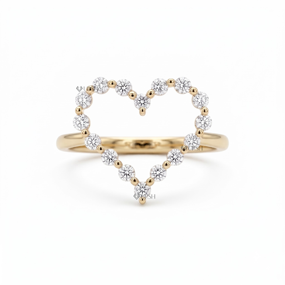 Solid yellow gold floating open heart cocktail ring studded with round lab diamonds