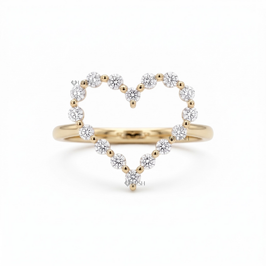 Solid yellow gold floating open heart cocktail ring studded with round lab diamonds