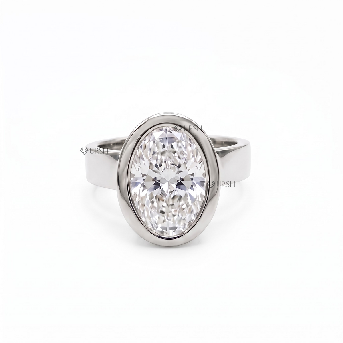 Solid white gold sleek oval cut diamond full bezel solitaire engagement ring