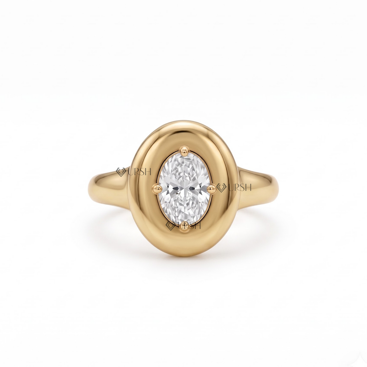 Solid yellow gold oval halo bezel-set diamond statement ring featuring a brilliant center stone in a recessed polished frame