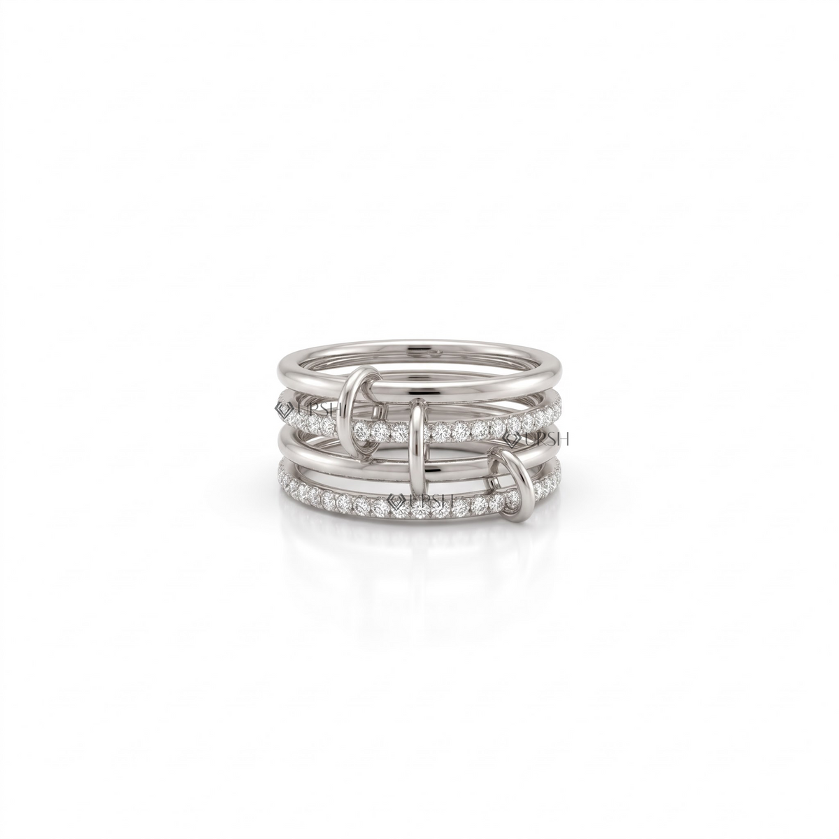 Solid white gold multi-row interlocking link statement ring on clean white background