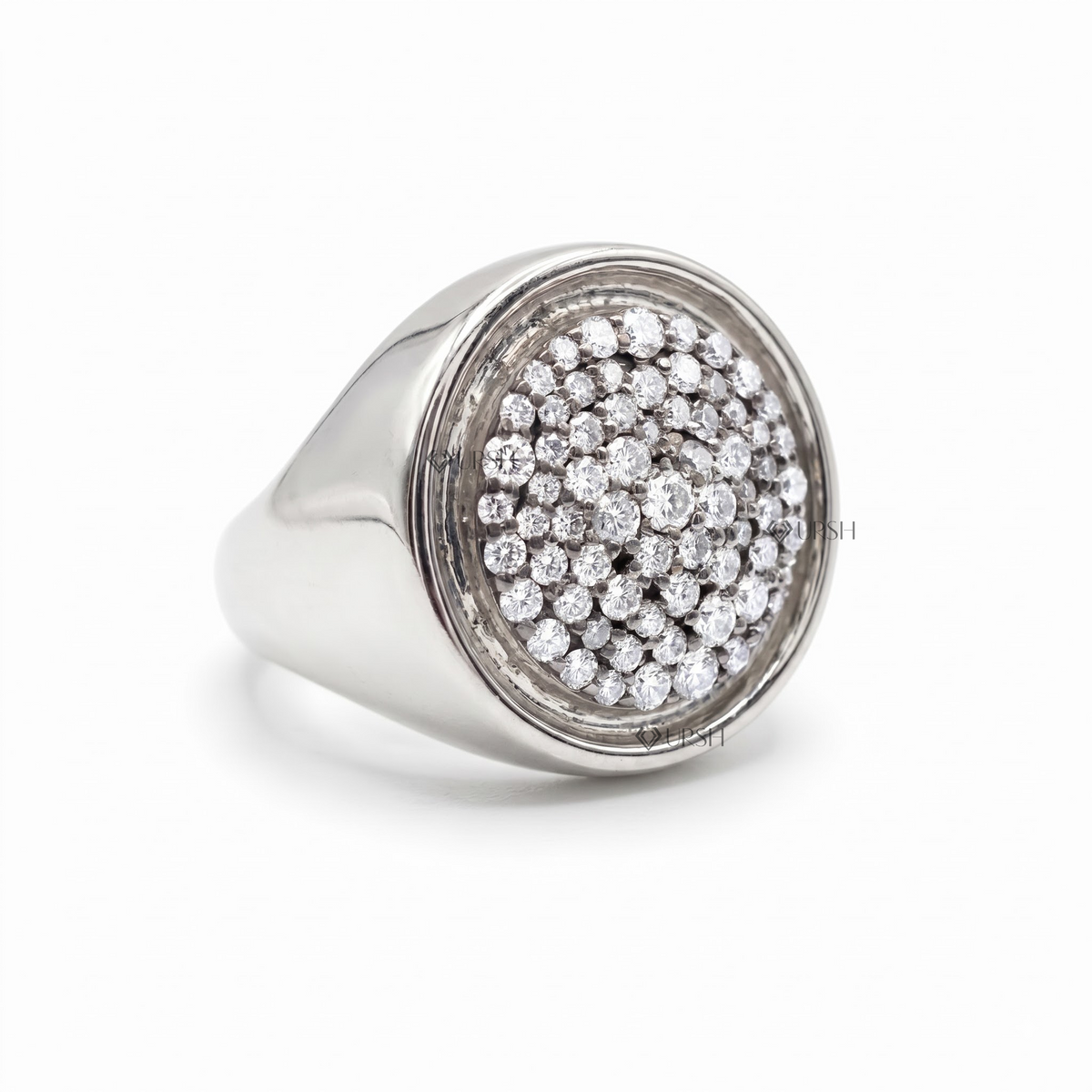 Solid white gold pavé disc signet ring with micro-pavé diamonds on clean white background