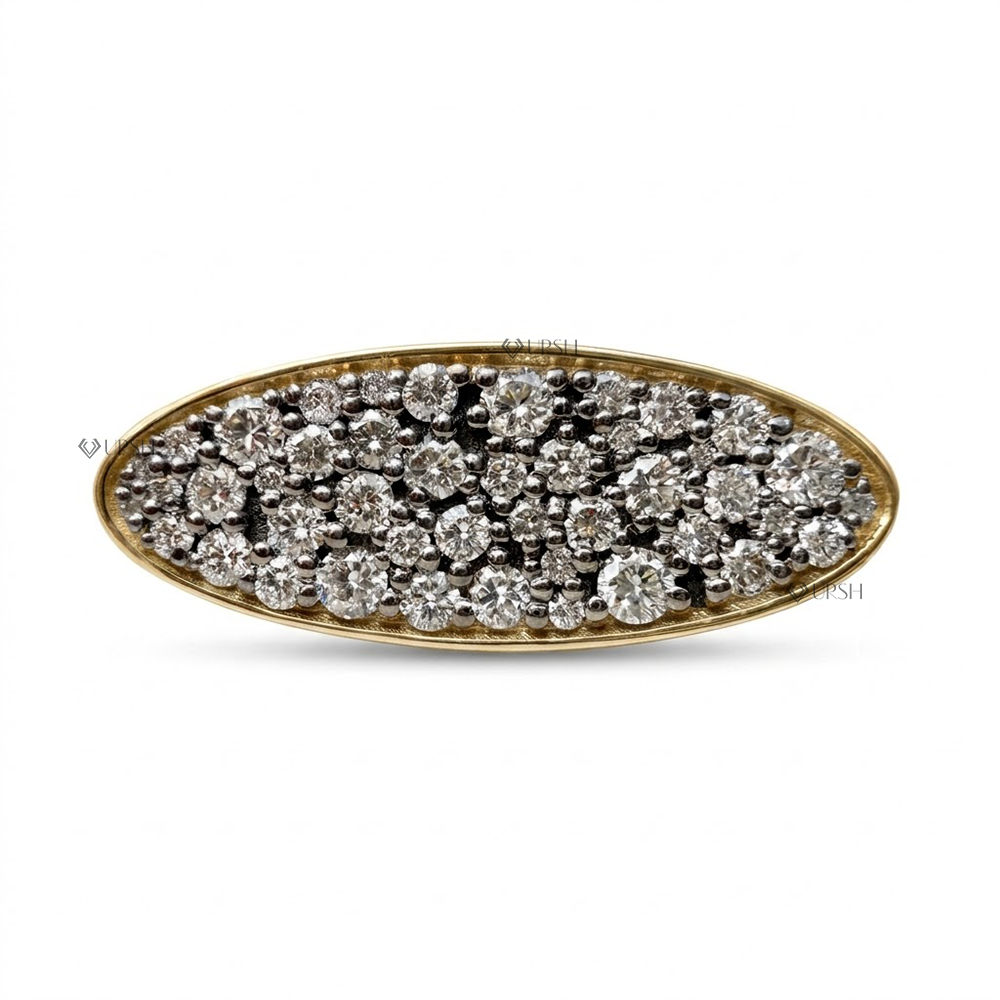 Solid yellow gold flat oval plaque ring set with pavé diamonds in blackened rhodium beds