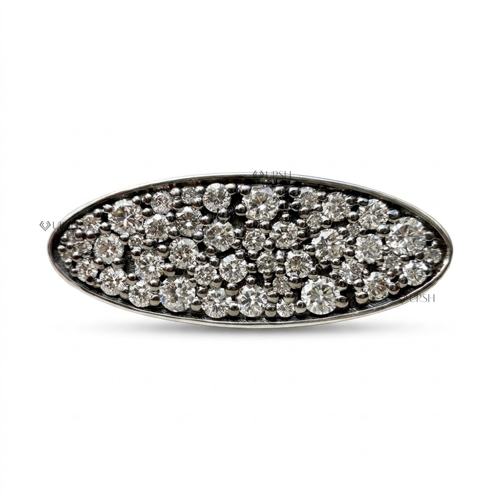 Solid gold horizontal elongated oval shield ring blanketed with round lab diamond pave and blackened accents