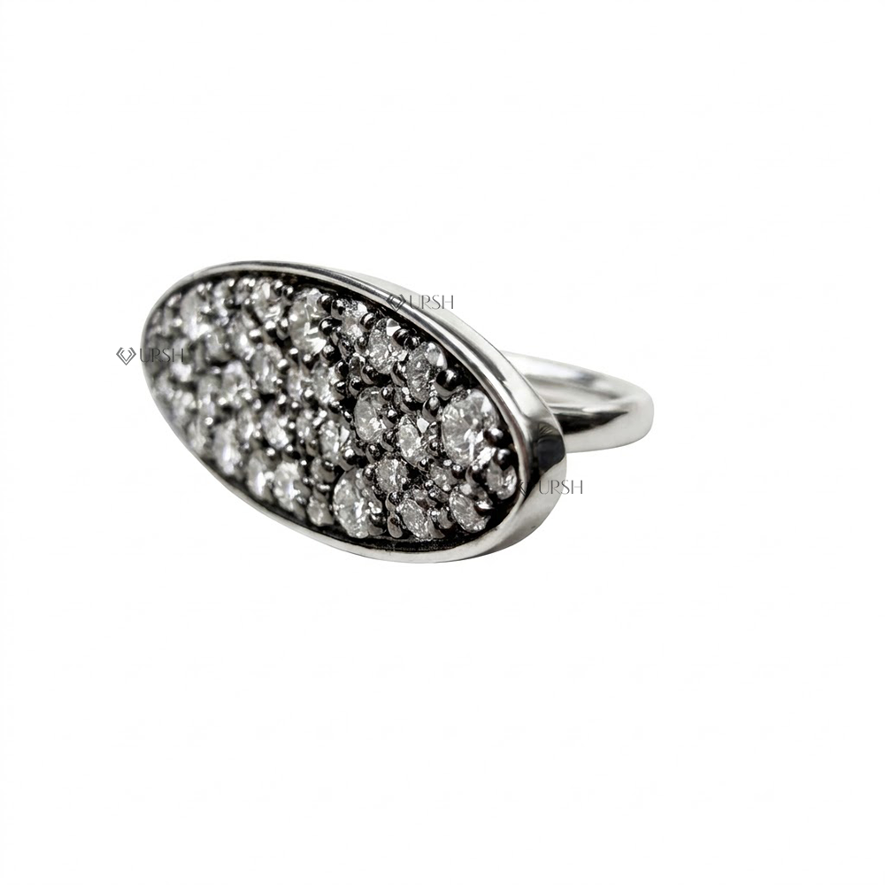 Solid white gold modern vintage diamond shield cocktail ring on plain background