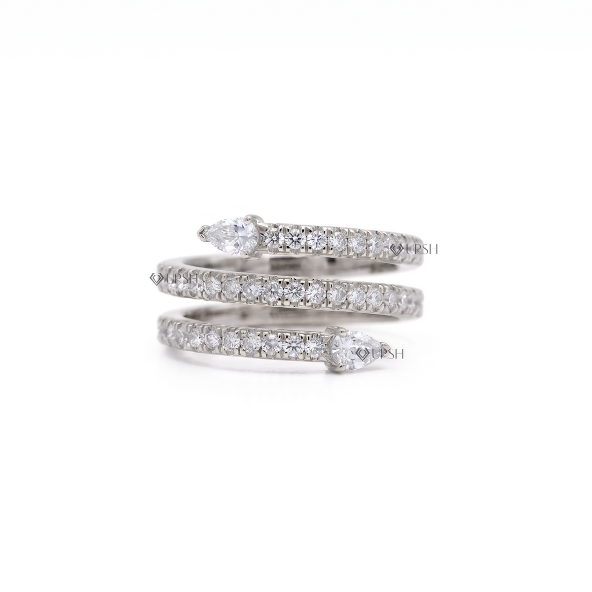 Solid white gold multi-row pavé serpent wrap ring on clean white background