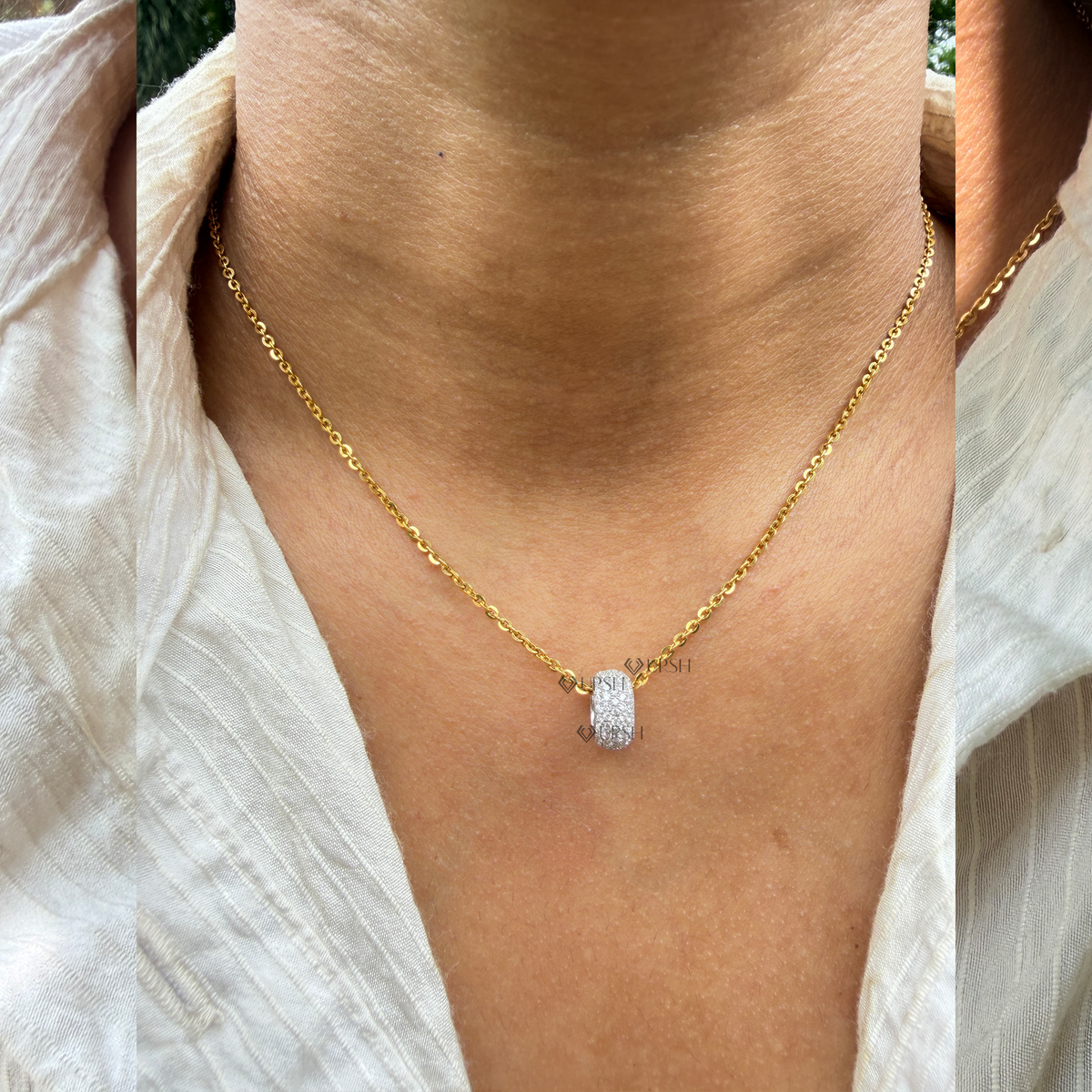 Solid white gold pavé diamond barrel bead spacer pendant necklace displayed on clean white background