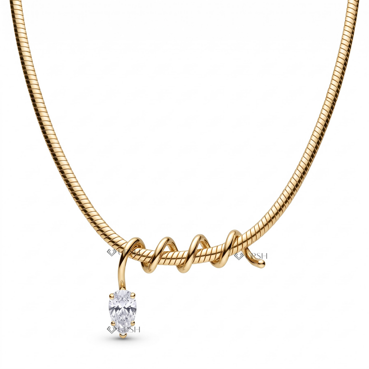 Solid yellow gold pear diamond spiral wire charm necklace featuring an architectural coiled charm suspended on an Omega snake chain