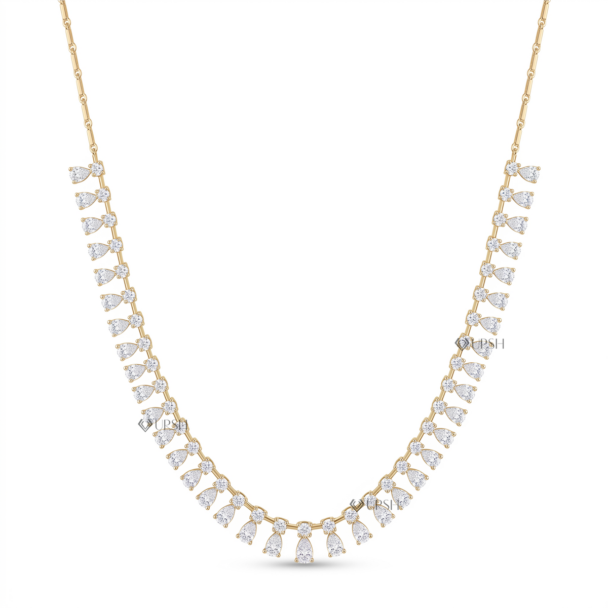 Solid yellow gold pear and round diamond dangle drop fringe chain necklace featuring cascading lab-grown diamond drops