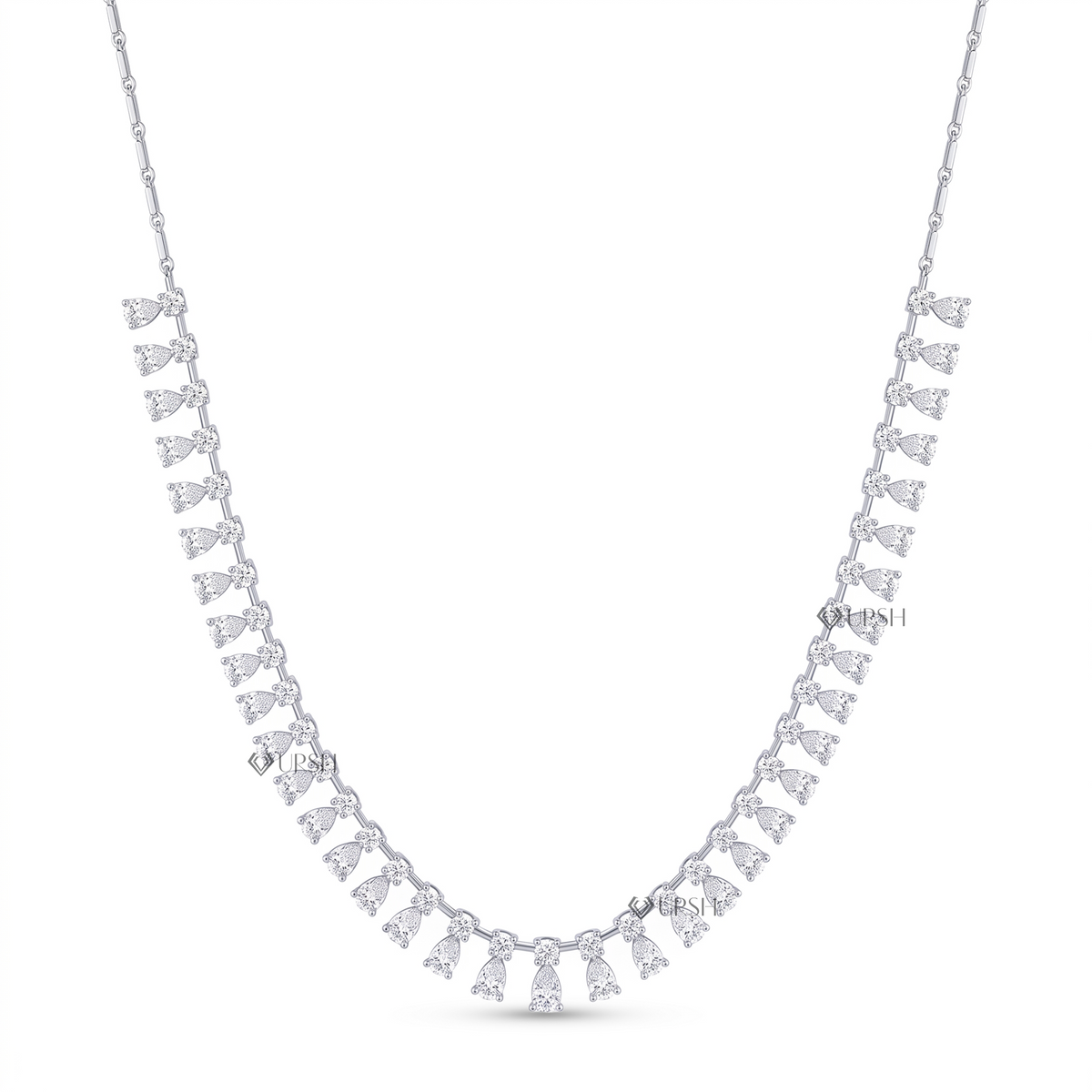 Solid white gold pear and round diamond dangle drop fringe chain necklace displayed on clean white background