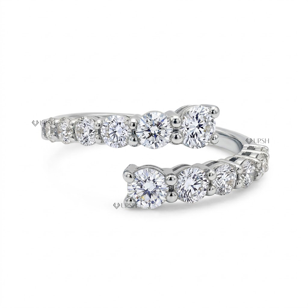Solid white gold spiral bypass ring set with two rows of round brilliant lab diamonds