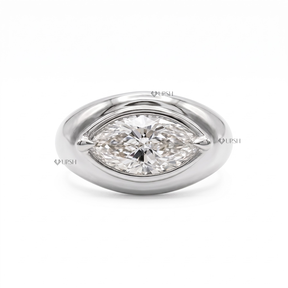Solid gold chunky dome ring featuring east-west marquise lab grown diamond in heavy bezel setting
