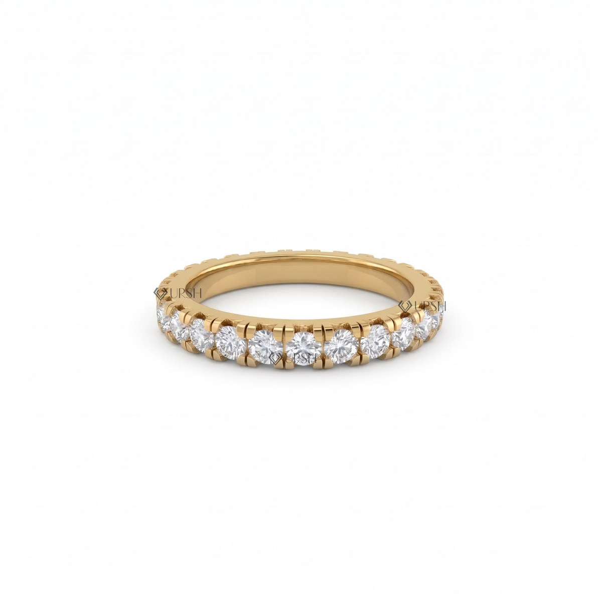 Solid yellow gold full eternity round diamond band featuring continuous shared-prong settings
