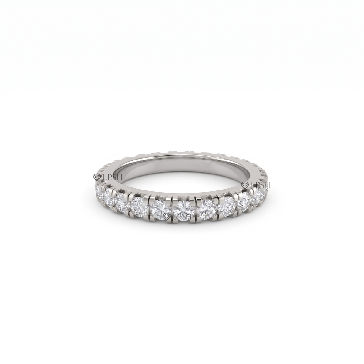 Solid white gold full eternity round diamond wedding band on clean white background