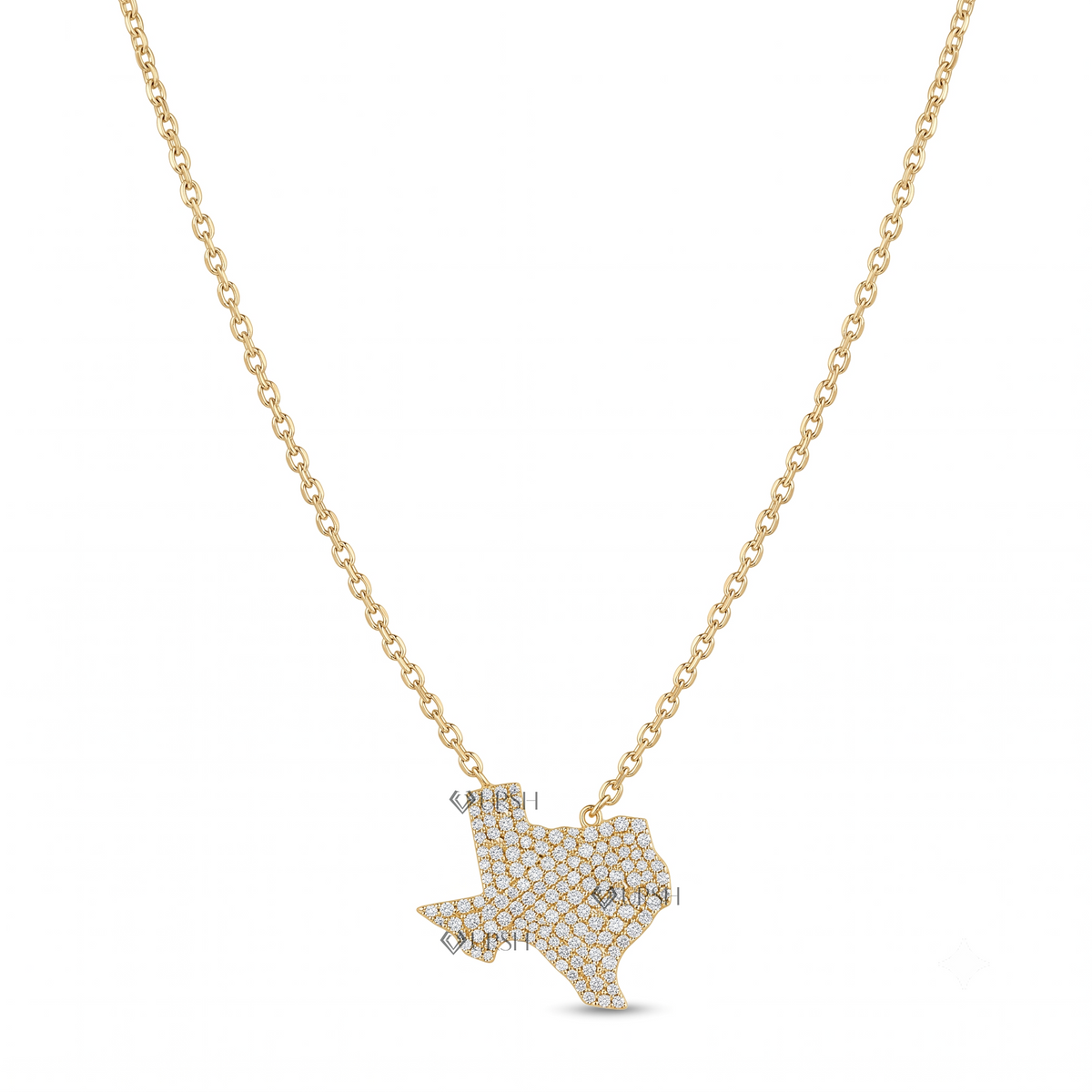 Solid yellow gold Texas state map pavé diamond pendant necklace featuring round lab-grown diamonds covering the state silhouette