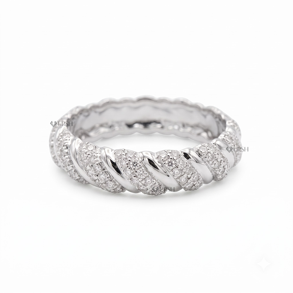 Solid white gold twisted croissant eternity band set with shimmering lab diamond pavé along diagonal fluted ridges