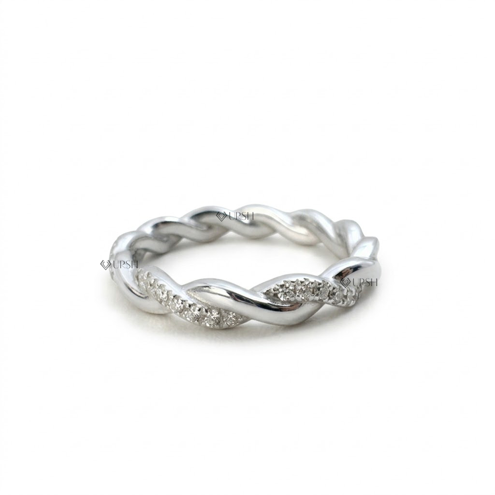 Solid white gold infinity twisted band with micro-pavé accent diamonds on clean white background