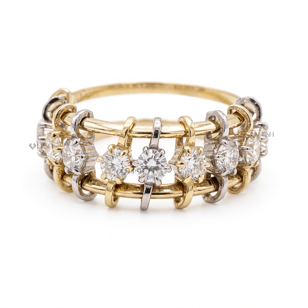 Solid two-tone yellow and white gold architectural cage ring featuring floating round lab diamonds between dual rails