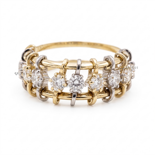 Solid two-tone yellow and white gold architectural cage ring featuring floating round lab diamonds between dual rails