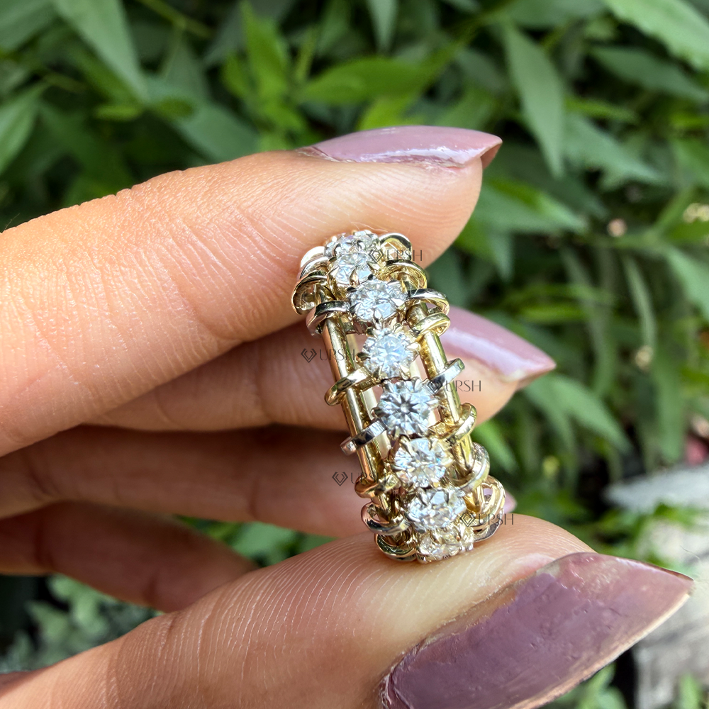 Holding two-tone diamond ladder ring showcasing double split shank and bridge prong settings