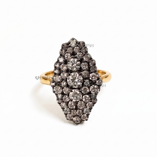 Solid yellow gold antique navette cluster ring with blackened accents and pavé diamonds
