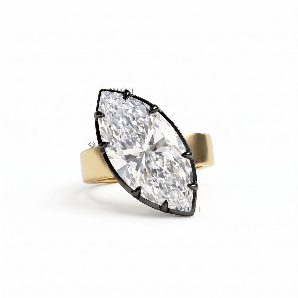 Solid yellow gold wide cigar band featuring a brilliant marquise lab diamond solitaire
