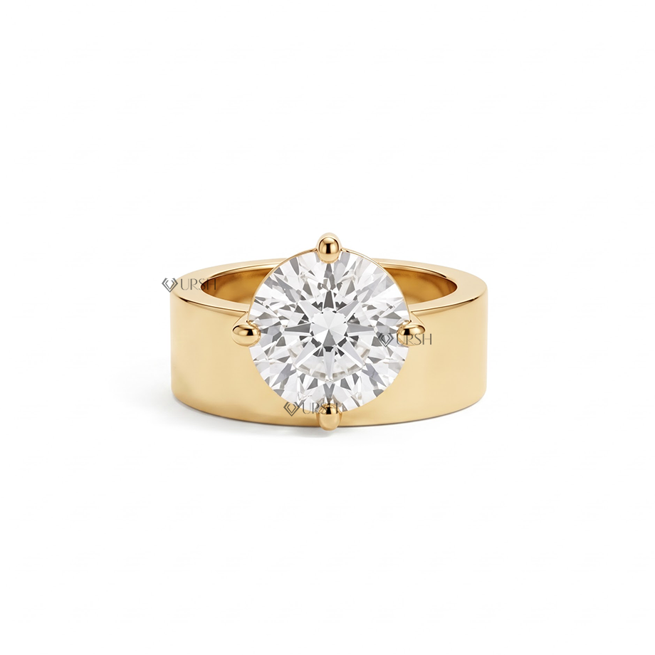 Solid yellow gold wide cigar band engagement ring featuring a prominent round brilliant lab-grown diamond solitaire