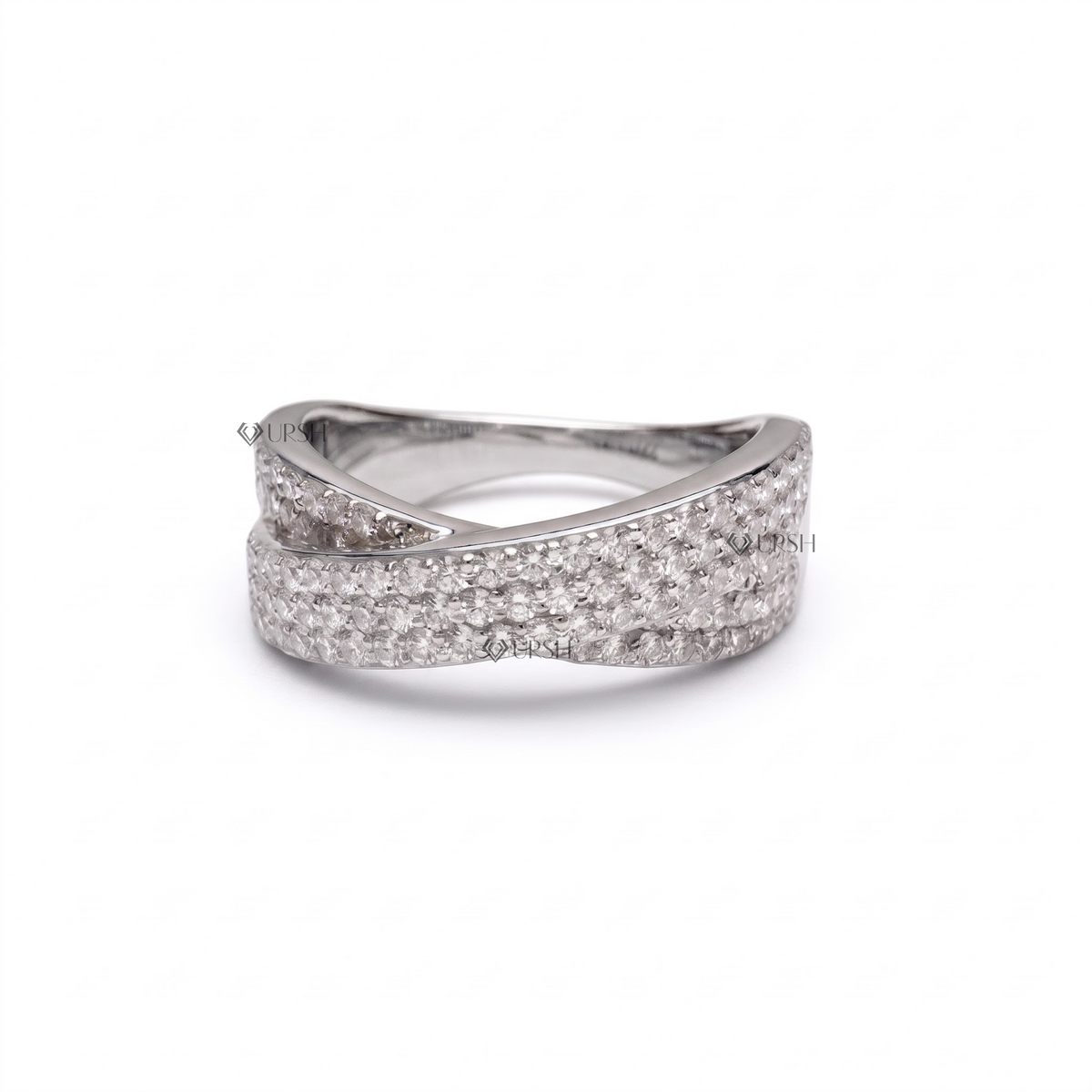 Solid white gold wide criss-cross pavé statement ring featuring multi-row interlocking X-shaped diamond tracks