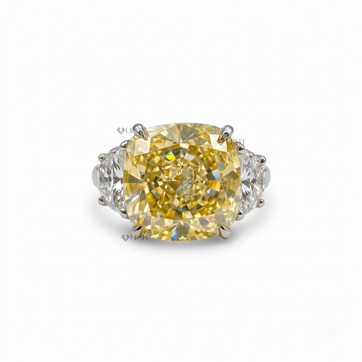 Canary yellow elongated cushion cut diamond three-stone ring with half moon side stones in solid white gold