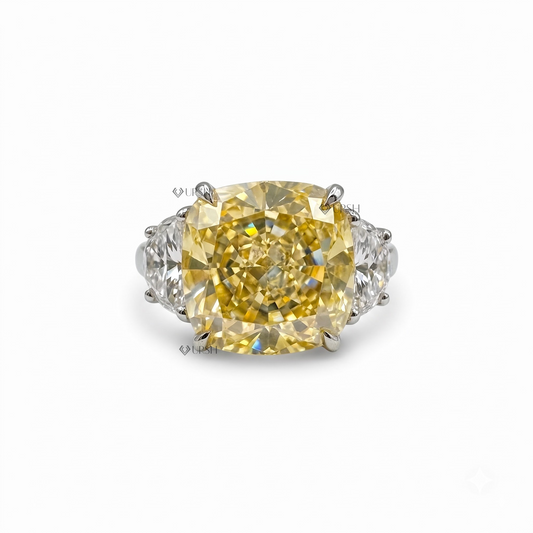 Canary yellow elongated cushion cut diamond three-stone ring with half moon side stones in solid white gold