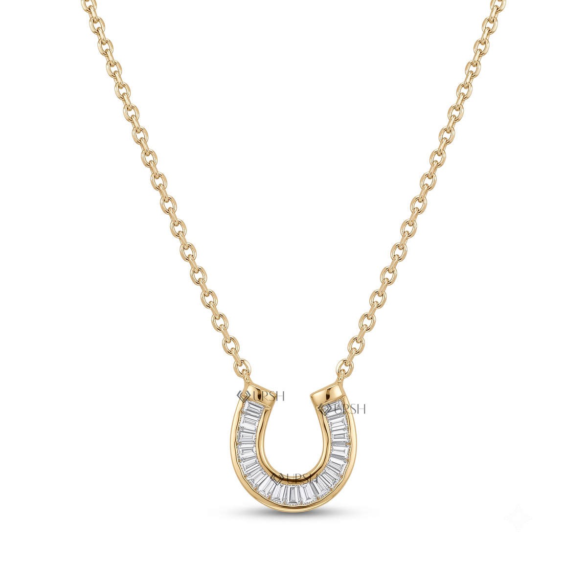 Solid yellow gold baguette diamond horseshoe pendant necklace featuring channel-set lab-grown baguette and tapered baguette diamonds on a delicate chain