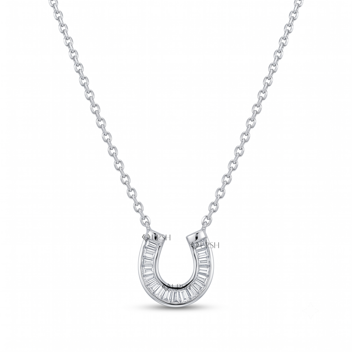 Solid white gold baguette diamond horseshoe pendant necklace displayed on clean white background