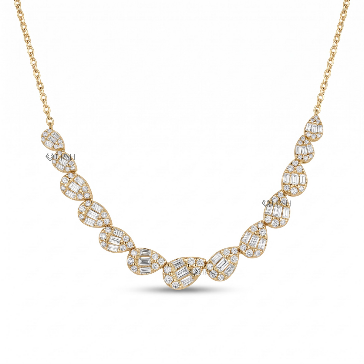 Solid yellow gold graduated pear cluster diamond station frontage necklace featuring lab-grown tapered baguette and round diamonds arranged into pear-shaped motifs