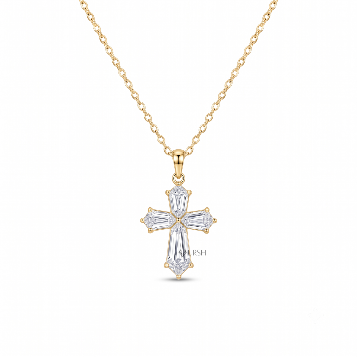 A gold cross pendant necklace featuring baguette-cut clear stones, shown on a clean white background with a subtle shadow.