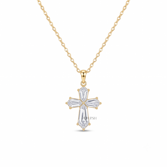 A gold cross pendant necklace featuring baguette-cut clear stones, shown on a clean white background with a subtle shadow.