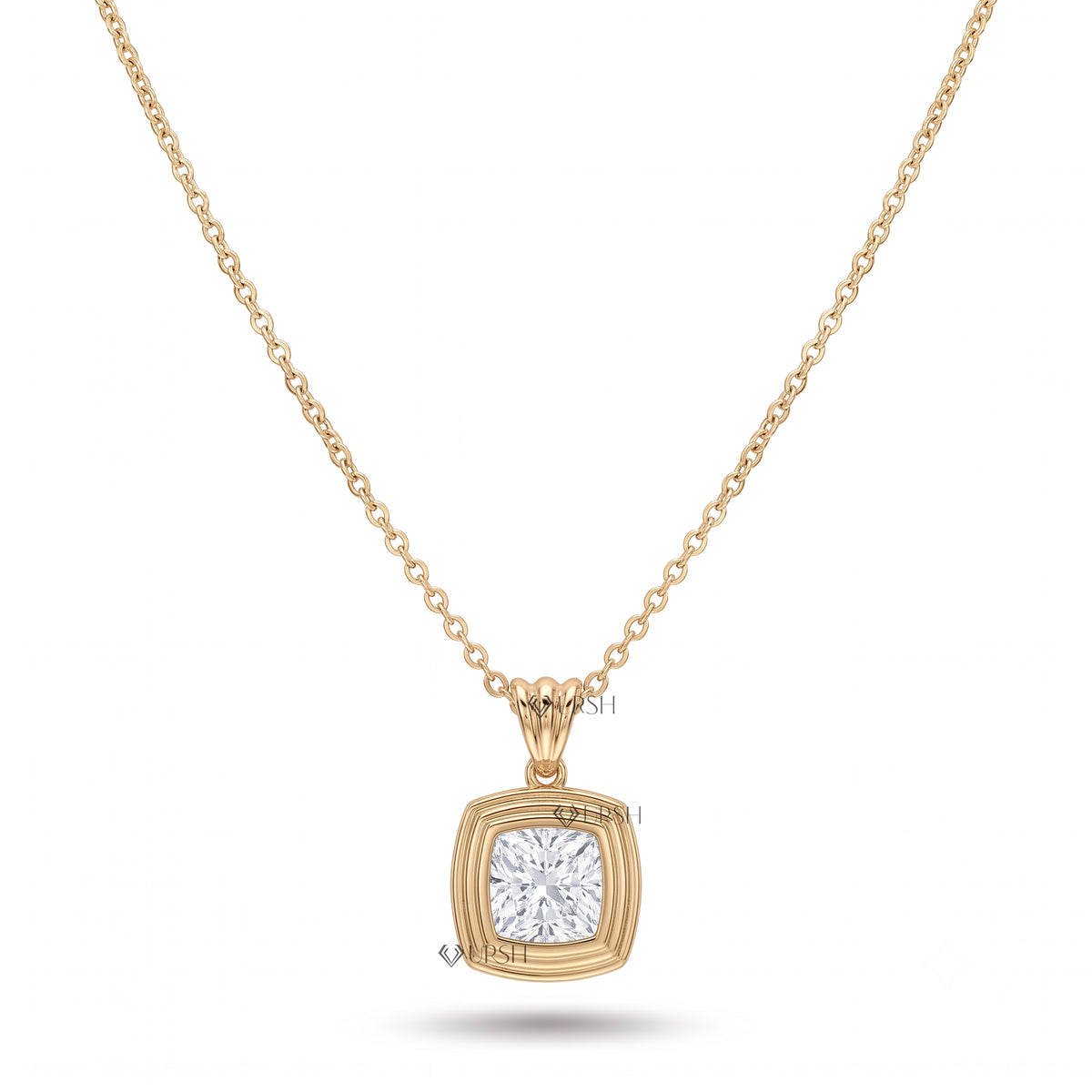 Solid yellow gold cushion cut bezel set solitaire pendant necklace featuring a lab-grown cushion diamond centered in a tiered architectural bezel frame
