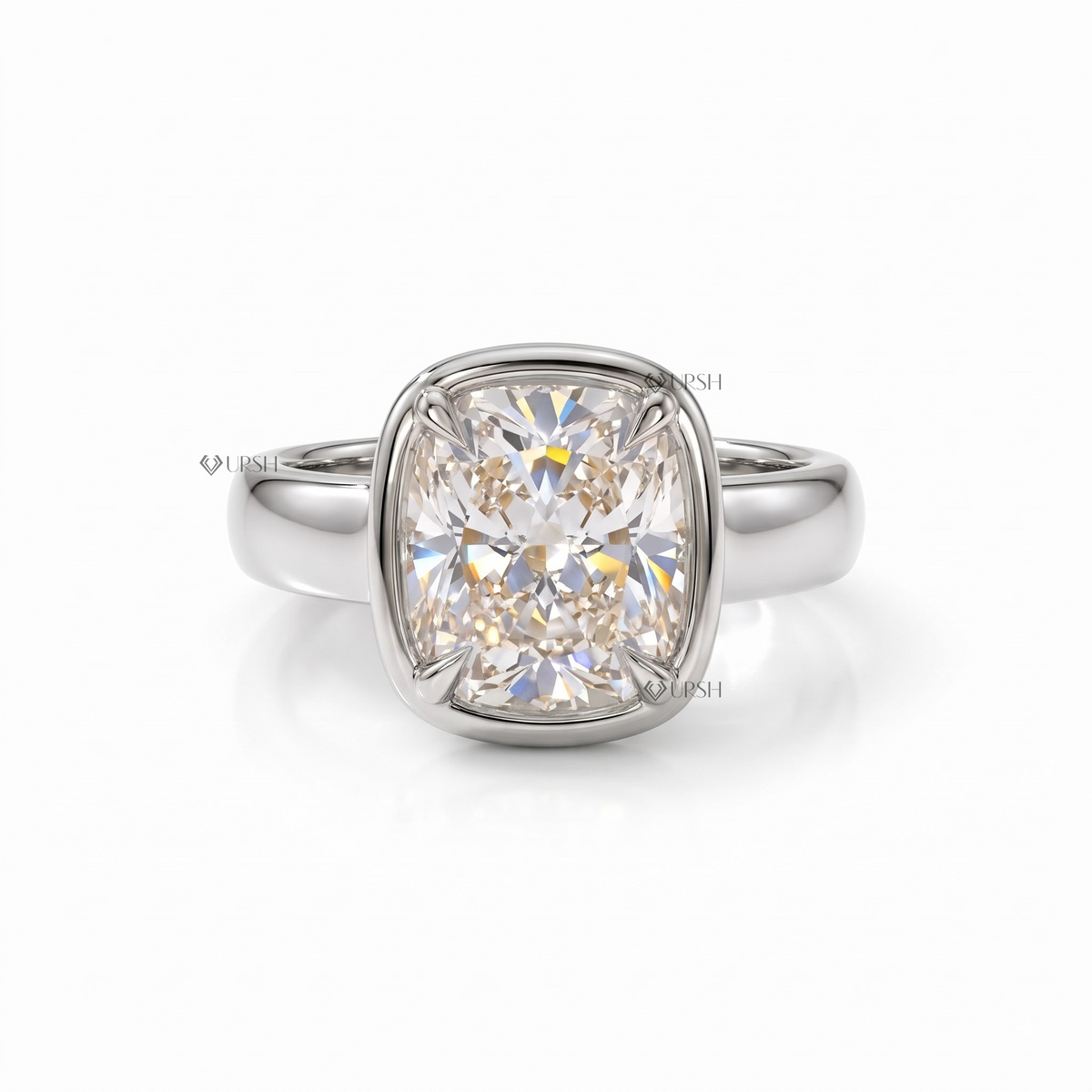 Solid white gold modern cushion diamond solitaire ring with thick sculpted bezel setting