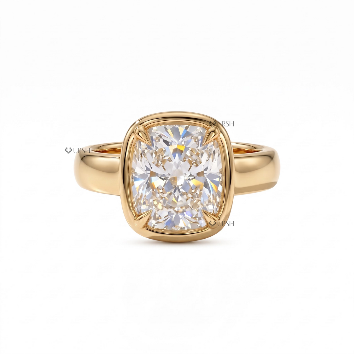 Solid yellow gold chunky bezel solitaire engagement ring featuring large cushion cut lab grown diamond