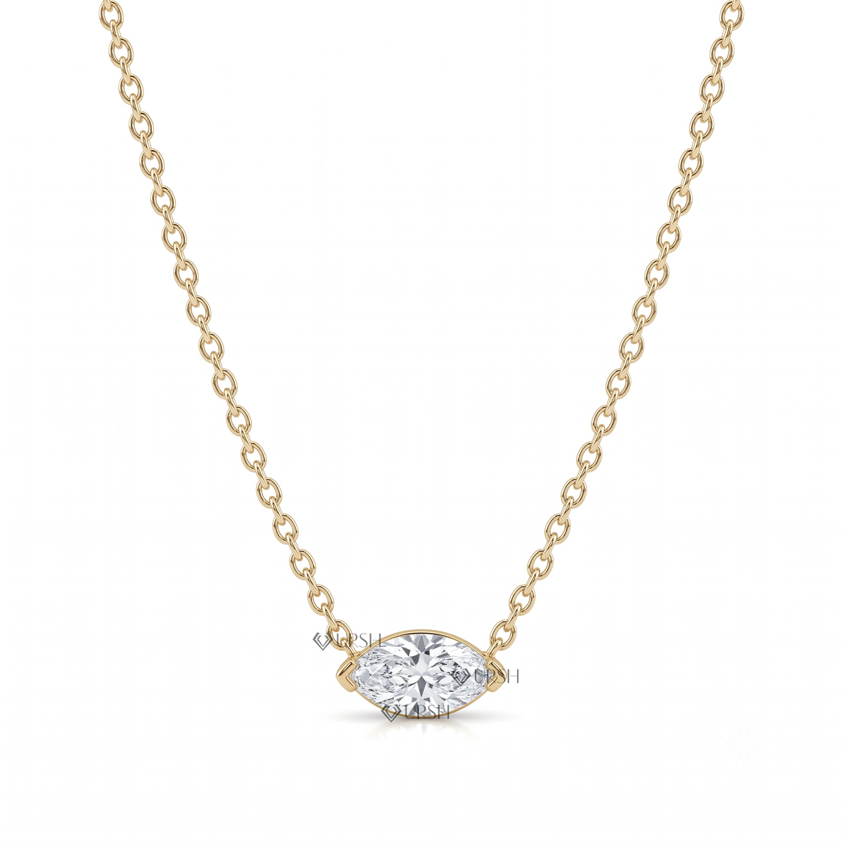 Solid yellow gold horizontal east-west marquise cut diamond solitaire pendant necklace featuring a lab-grown marquise diamond set horizontally on a delicate chain