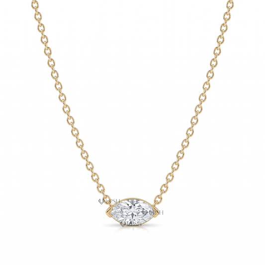 Solid yellow gold horizontal east-west marquise cut diamond solitaire pendant necklace featuring a lab-grown marquise diamond set horizontally on a delicate chain