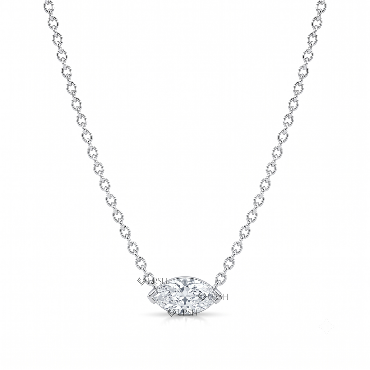 Solid white gold horizontal east-west marquise cut diamond solitaire pendant necklace displayed on clean white background