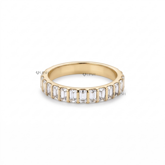 Solid yellow gold half eternity wedding band featuring vertical bar set emerald cut lab grown diamonds