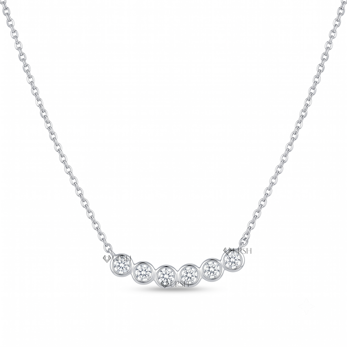 Solid white gold curved bezel diamond bar smile pendant necklace displayed on clean white background