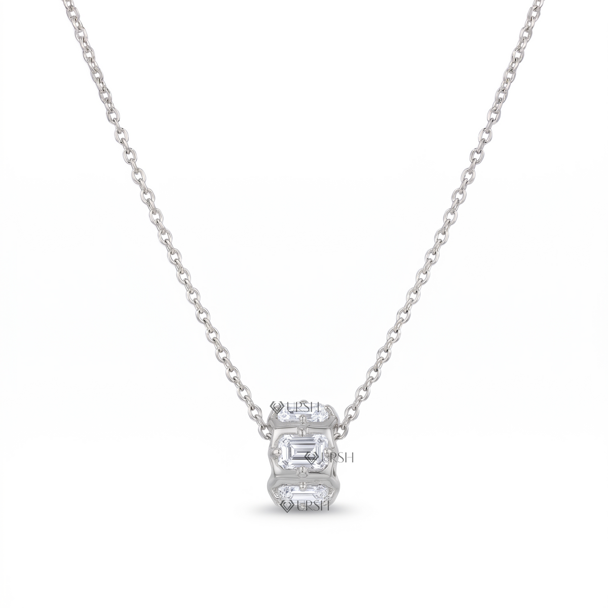 Solid white gold emerald cut diamond barrel bead spacer pendant necklace displayed on clean white background