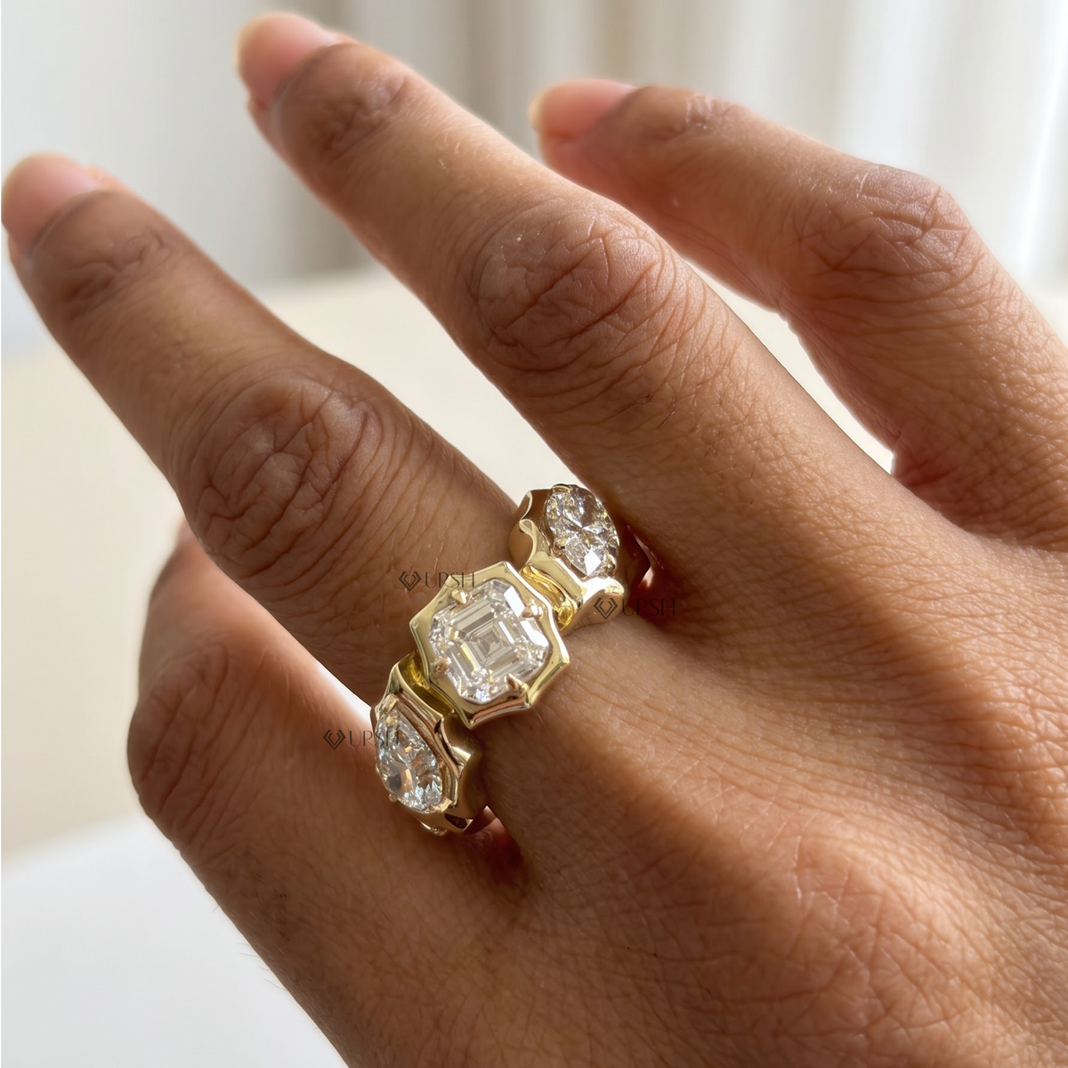 Chunky multi-shape diamond solid yellow gold statement band worn on hand